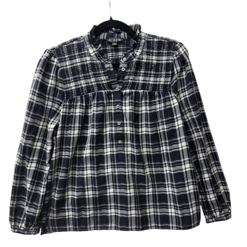 J.‎ Crew Black White Plaid Smocked Ruffle Neck Blouse Top BN143 Mens Small
